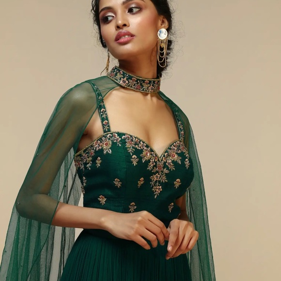 KALKI Fashion: Bottle Green Anarkali Gown With Cape - Picture 2 of 4